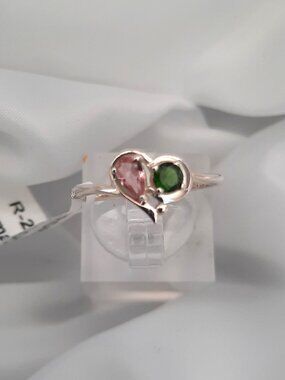 Delicate heart ring, pink & green tourmaline (natural), .925 silver, size 7